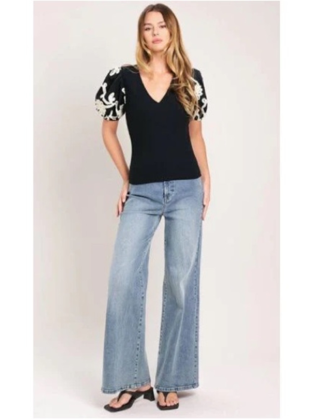 BRAND NEW WITH TAGS Black Ribbed Top with Embroidered Puff Sleeves